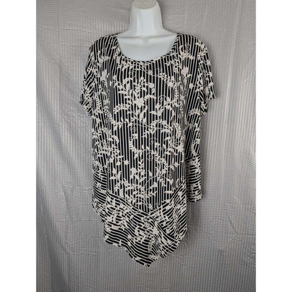 Sami & Jo Womens XL Black White Floral Stripe Tunic Short Sleeve Stretch Blouse